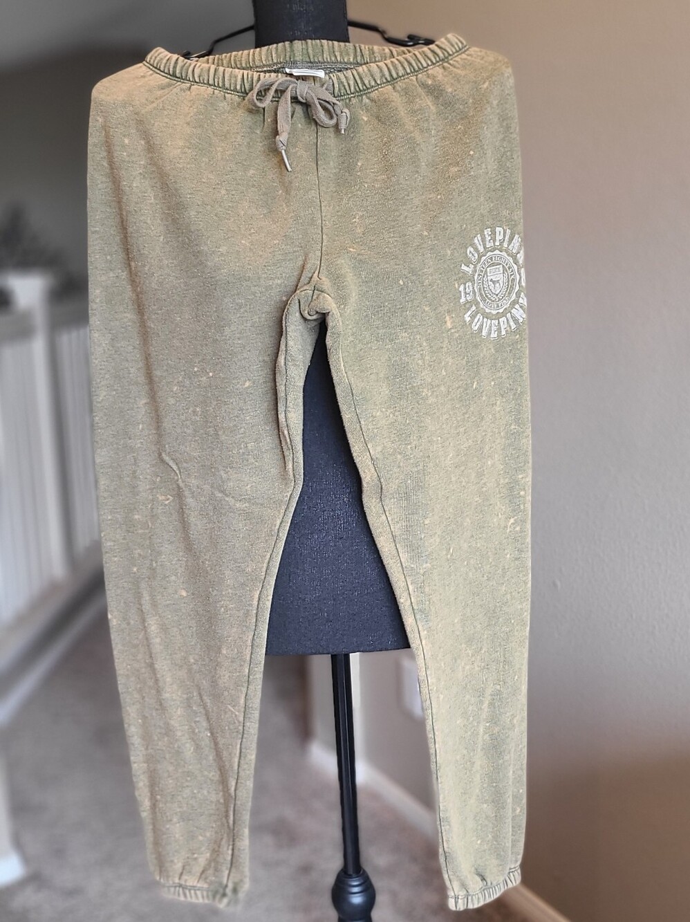 PINK Victoria's Secret Women's Distressed Olive Green  Joggers with White Logo